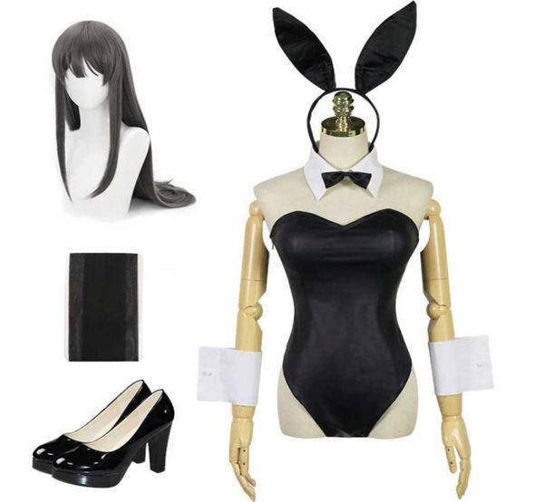 anime rascal does not dream of bunny girl sakurajima mai cosplay black jumpsuit wig costume9870690